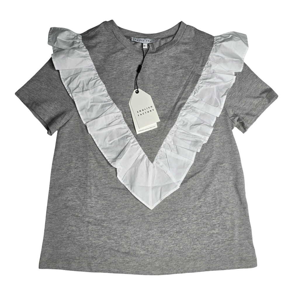 English Factory Grey Tee with White Ruffle XS Coquette Preppy Quiet Luxury NWT